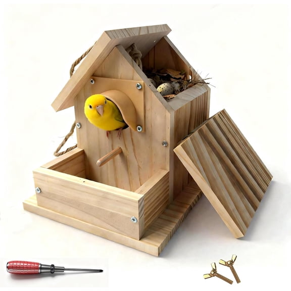Hanging Bird House for Outside Clearance, Cedar Wooden Bird House to Paint for Finch Bluebird Cardinals, Bird Nest Feeder W/Rain Awning Kit for Outdoor Backyard Courtyard Patio Decor