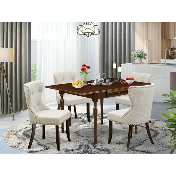 Dining Room Table Set 4 Chairs Linen Fabric Mahogany Finish Kitchen Table Dinette Set