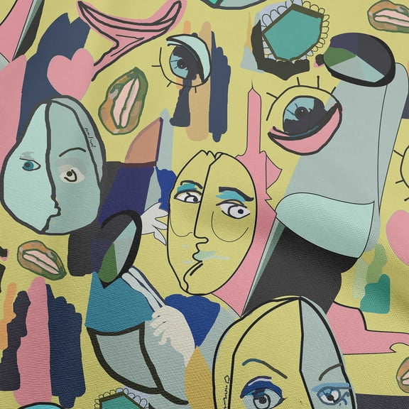 oneOone Cotton Cambric Yellow Fabric Abstract Comic Face Dress Material Fabric Print Fabric By The Yard 42 Inch Wide