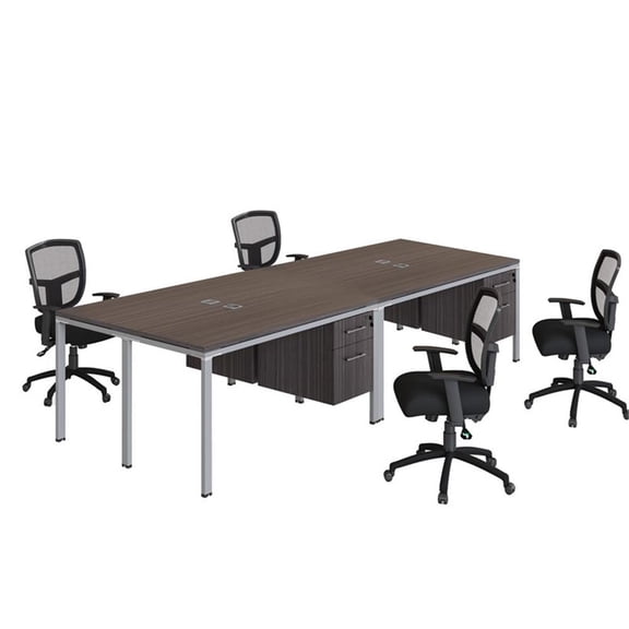 Boss Office Products Quad Desks With (4) Pedestals, 60" X 24" Desk Top (Ea), Driftwood