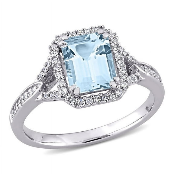 AMOUR 1 7/8 CT TGW Octagon Shape Aquamarine and 1/5 CT TGW Diamond Ring In 14K White Gold