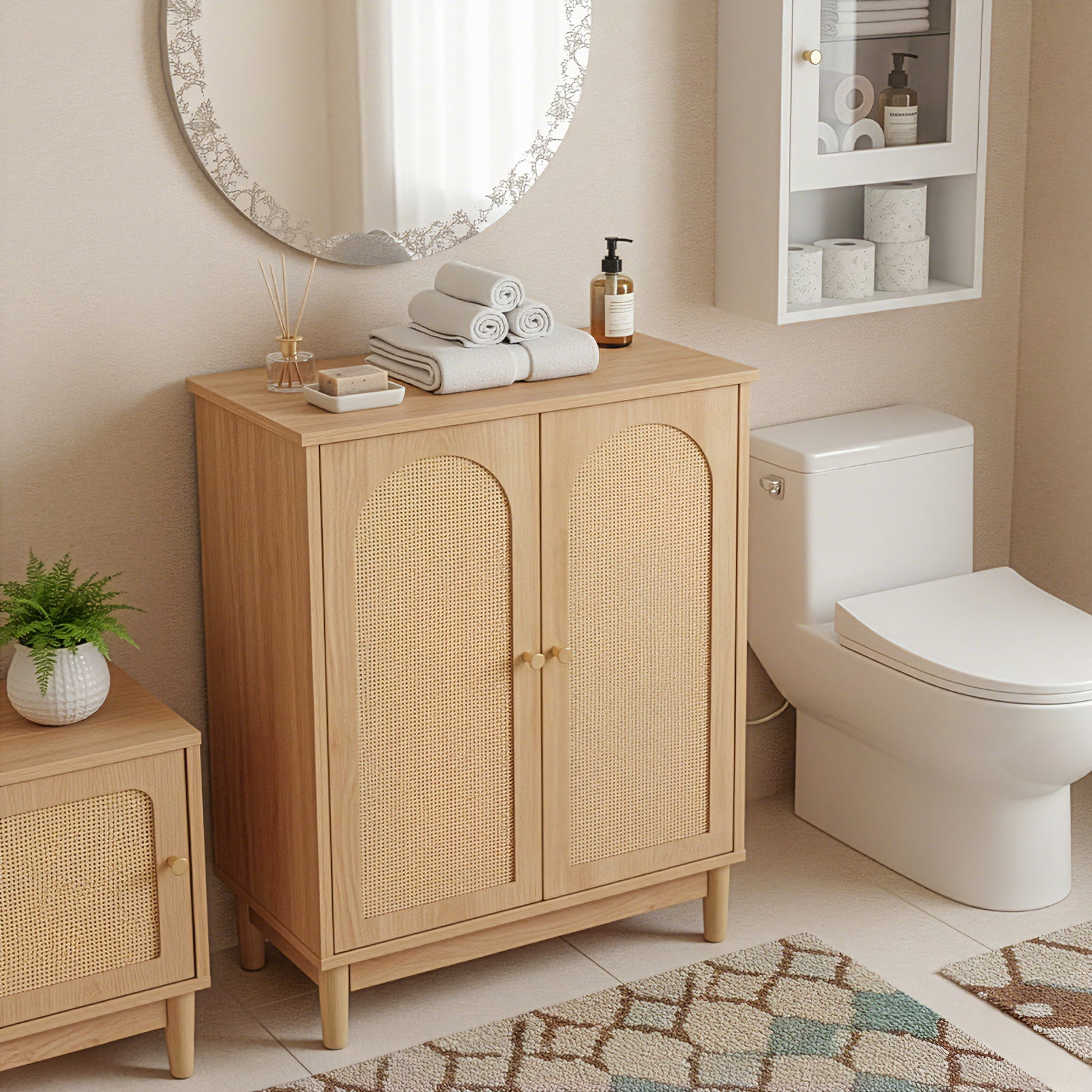 Ktaxon Bathroom Floor Cabinet Storage with 2 Doors and Adjustable Shelves, Rattan Finish