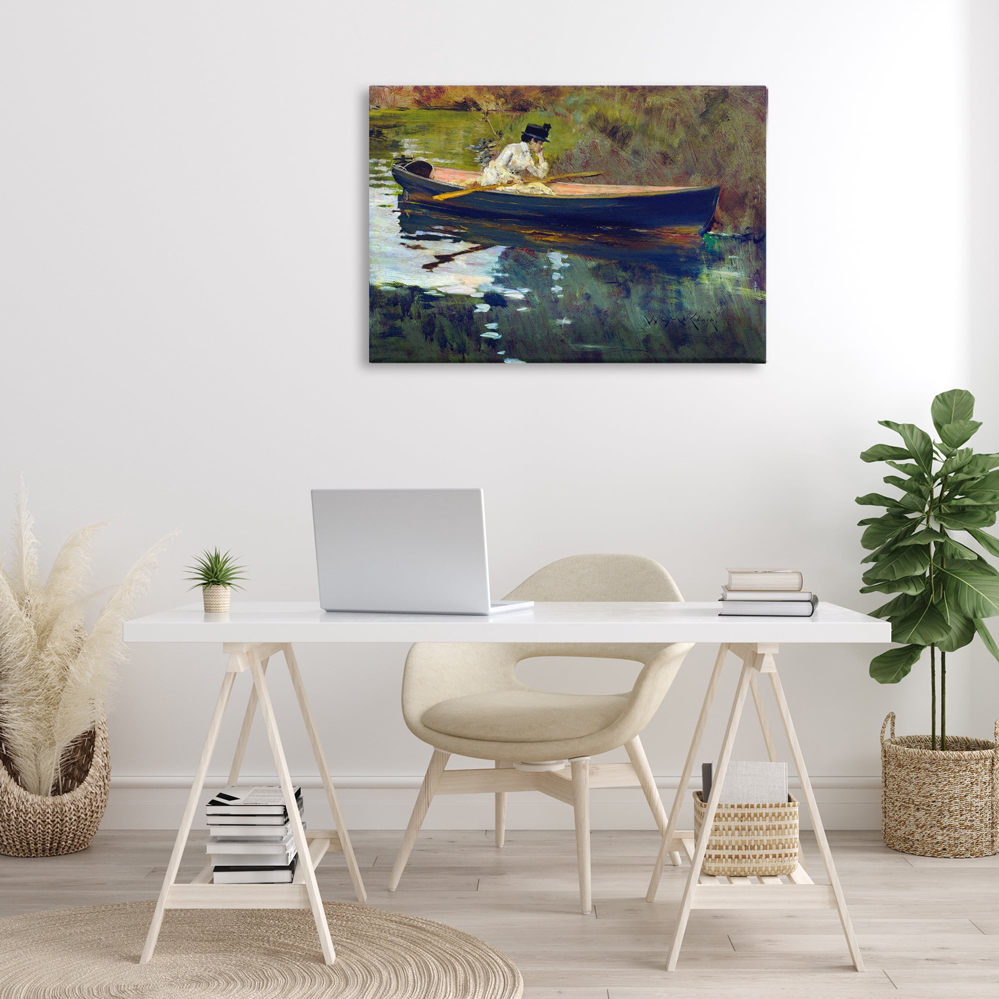 Stupell Industries Thoughtful Woman on Canoe Novelty Painting Gallery Wrapped Canvas Art Print Wall Art, 36 x 24