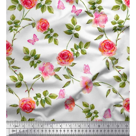 Soimoi Modal Satin Fabric Leaves,Rose & Peony Floral Print Fabric by The Yard 42 Inch Wide