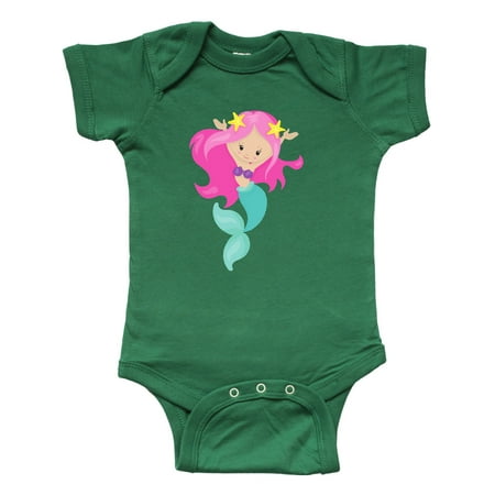 

Inktastic Pretty Mermaid With Long Pink Hair and Green Tail Gift Baby Girl Bodysuit