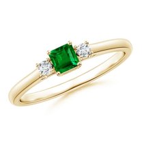 ANGARA Natural Classic Square Emerald and Diamond Three Stone Ring in 14K Yellow Gold for Women (Size-3.5mm) | May Birthstone, Birthday, Anniversary, Jewelry Gift for Women | Natural Emerald Ring