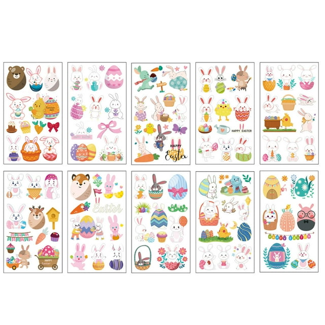 Ramiter Set Of 10 Sheet Easter Sticker Body Temporary Art Painting Easter Eggs Carrot Rabbit Decorations Design For Easter Party Favors