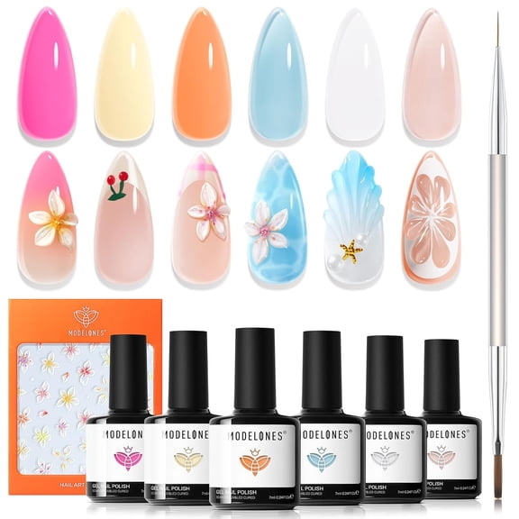 Modelones 6 Colors Gel Nail Polish Set with Flower Stickers & Liner Pen, White Pastel Nude Pink Orange Blooming Gel Kit, Soak Off LED Gel Manicure Set for DIY Home Nail Art Gift for Women