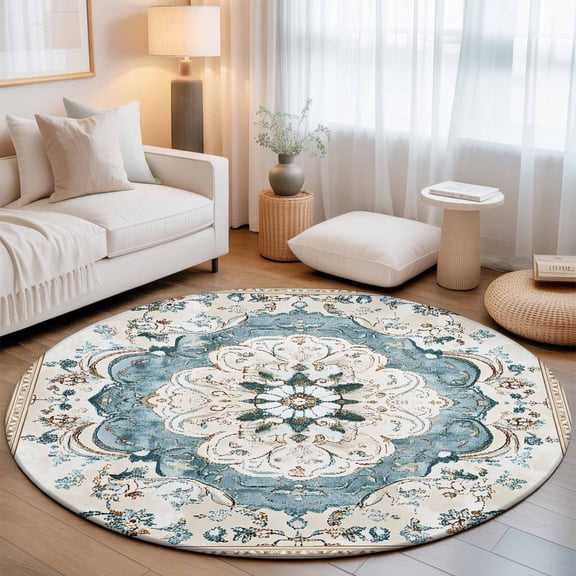 Round Area Rugs 4Ft, Blue Boho Floral Non-Slip Washable Circle Rugs Carpet, Aztec Ethnic Abstract Aesthetic Art Indoor Outdoor Rug Floor Mats Throw Runner for Bedroom Living Room Bathroom