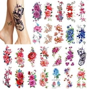 PHOGARY 24pcs Temporary Tattoos for Women, Bright Colored Flowers Tattoo Stickers Waterproof Body Art Sticker for Girls Arms Legs Shoulder Back