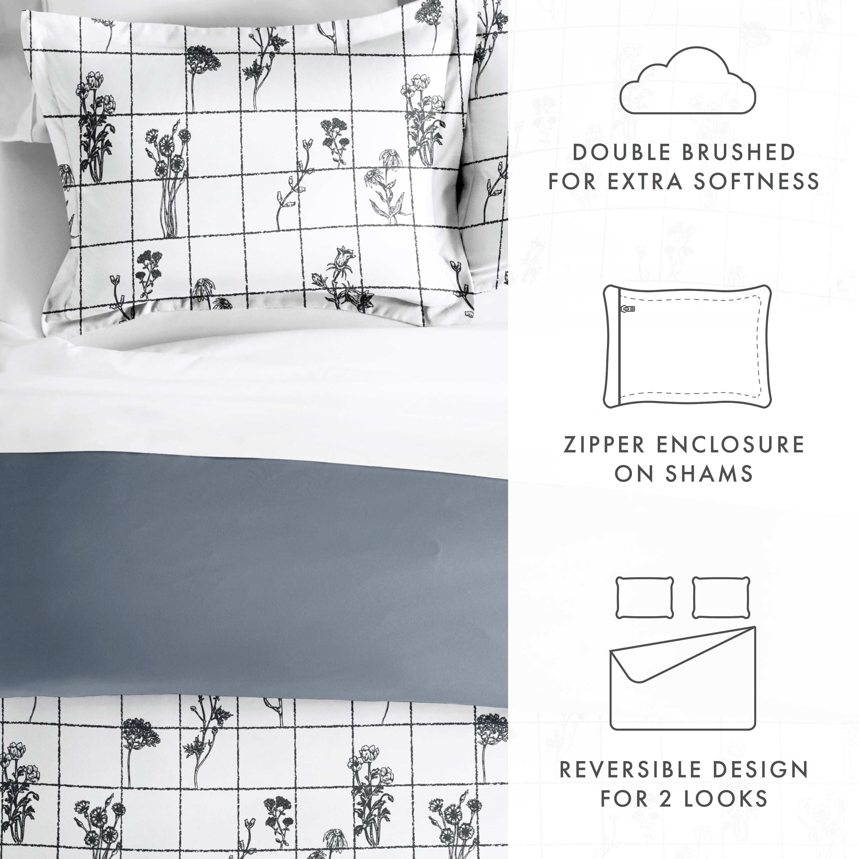 Noble Linens Gray Reversible Flower Field Print 3-Piece Duvet Cover Set, King/CalKing
