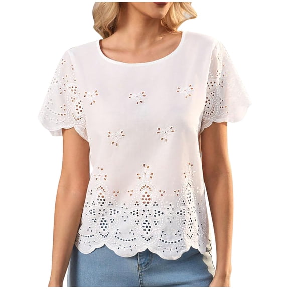 Summer Tops for Women Plus Size Round Neck Casual Short Sleeve Shirt Womens Blouses White M