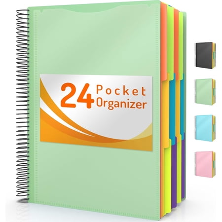 24 Pocket Project Organizer 1/3-cut Tab Binder Organizer with Sticky Labels Multi Pocket Folder with Zipper Pouch Folder Binder Spiral Pocket Notebook Office Supplies