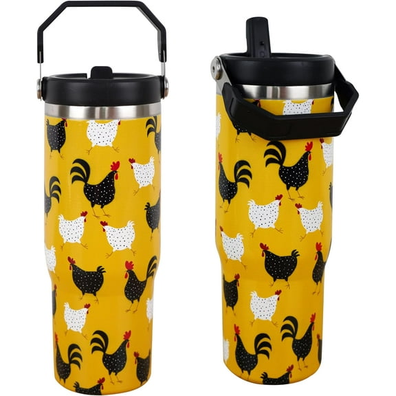 Steel Tumbler with Straw Vertical Handle Ice Flow Flip Tumbler 30 oz, Chicken Tumbler Insulated Water Bottle Easy for Carry, Good for Home/Office, Better for Travel/Car/Camp