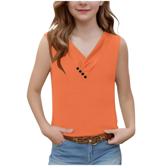 DeHolifer Shirts for Girls V-Neck Button Solid Color Casual Loose Sleeveless Summer Lightweight Blouse Tops,12 Years