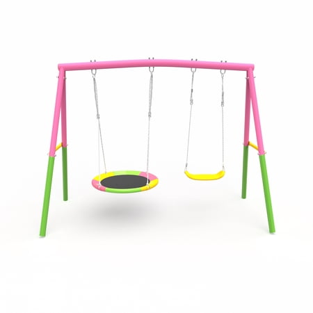 LiviNest 330lbs Backyard Swing Set: Dual Seat A-Frame Metal Stand for Siblings Ages 3-8 - Includes Saucer & Belt Swing for Family Outdoor Play