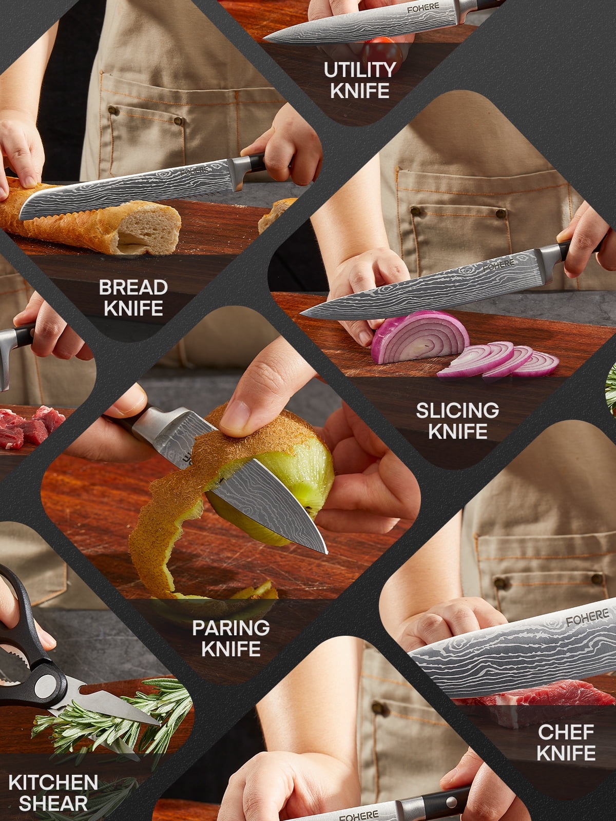 FOHERE Kitchen Knife Set with Magnetic Knife Holder and Sharpener, 7 Pieces Ultra Sharp Chef Knife Set with Ergonomic Handle,  High Carbon Stainless Steel Knives Set for Kitchen