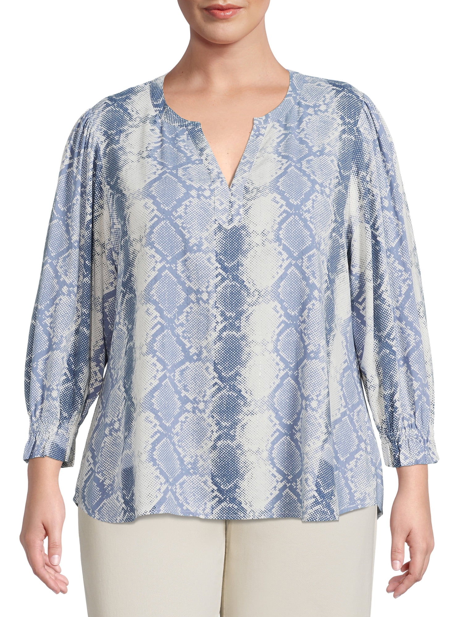 Como Blu Women's Plus Size 3/4 Sleeve Notch Neck Blouse