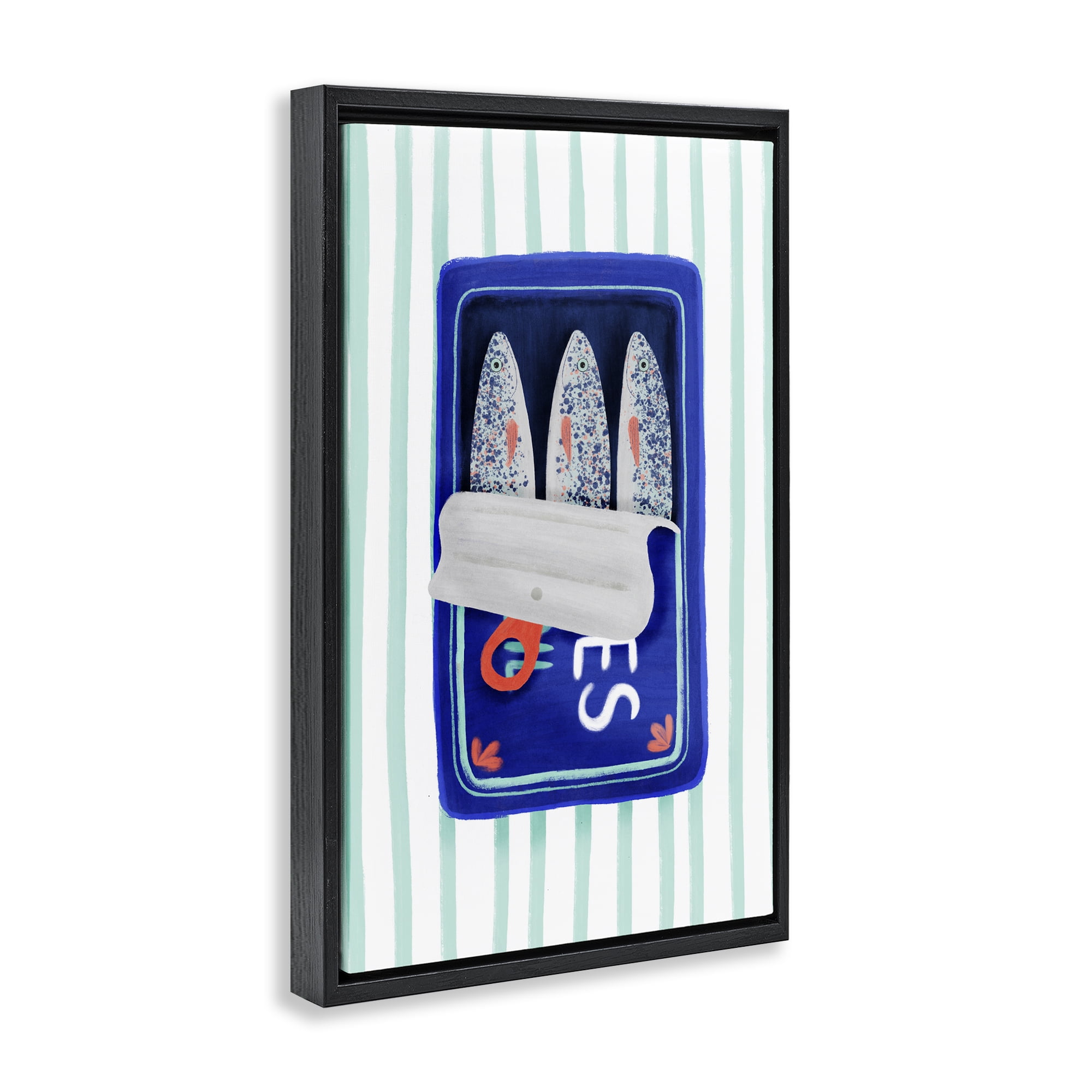 Stupell Industries Blue Sardines on Stripes Black Framed Floater Canvas Wall Art, design by Metka Hiti