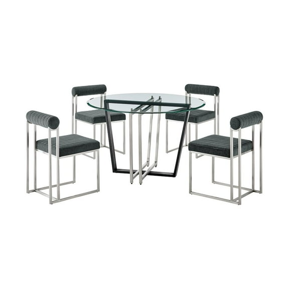 Devi Anastasia 5 Piece Round Glass Dining Table Set with Charcoal Fabric