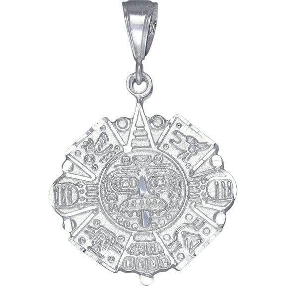 Sterling Silver Aztec Calendar Mayan Sun Charm Pendant Necklace with Diamond Cut Finish and 24 Inch Figaro Chain