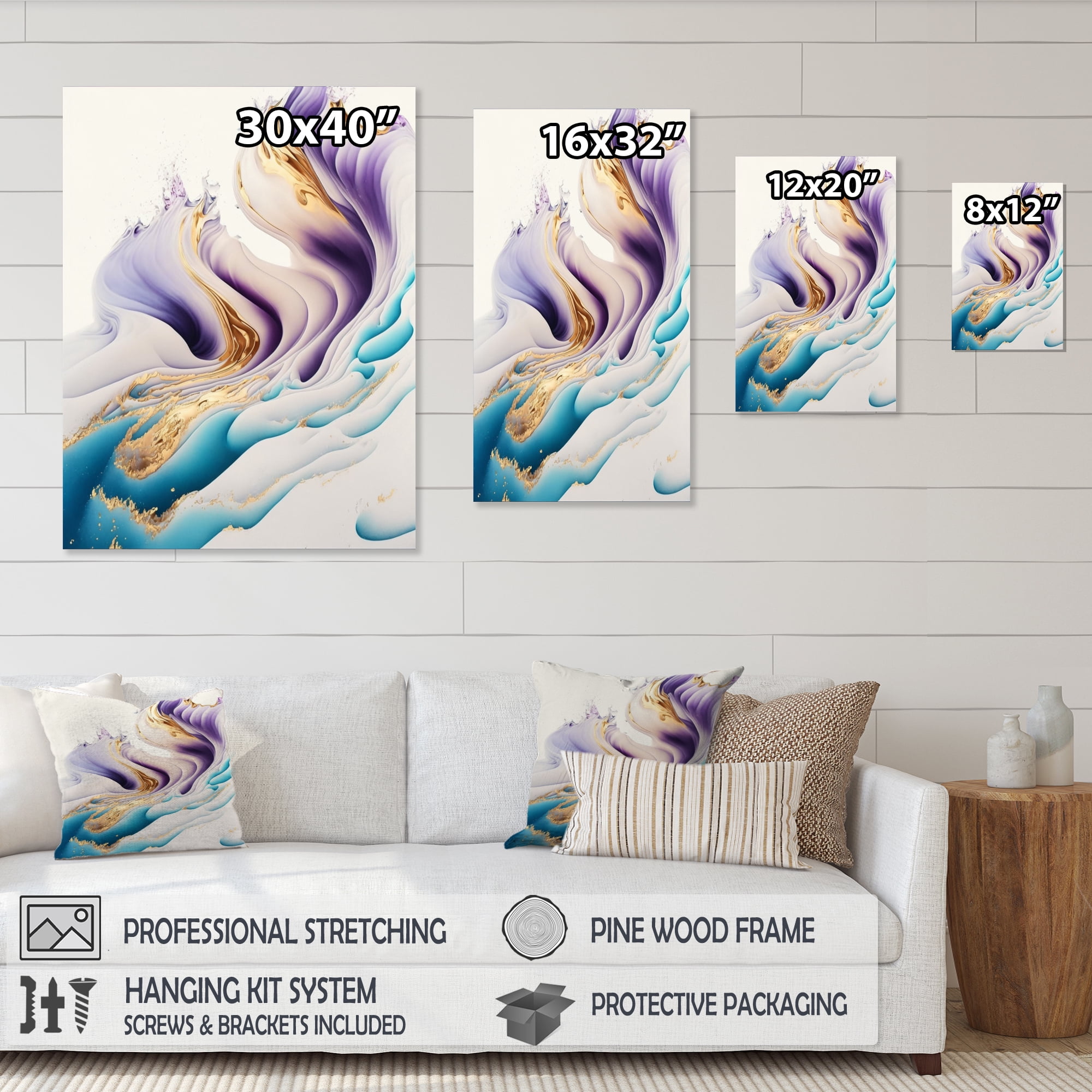 Designart Blue, Gold And Purple Abstract Waves IV Canvas Wall Art