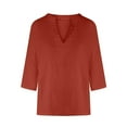 thumbnail image 3 of Fmbrln Womens Summer Linen 3/4 Sleeve Tops Casual V Neck Solid Color Shirts Vacation Beach Blouse Red L, 3 of 5