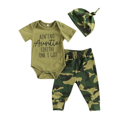 

3Pcs Newborn Infant Baby Boy Camouflage Clothes Romper Pants Hat Outfits Set