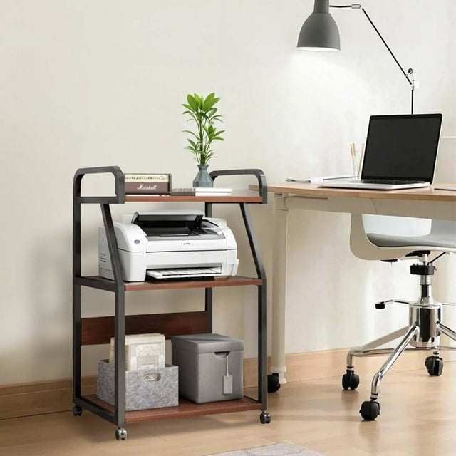 Chariot d'Imprimante à 3 Niveaux avec Roues, Support Mobile Roulant pour Bureau avec Étagères de Rangement, Table de Numérisation Multifonctionnelle pour Espace de Travail à la Maison, Noyer Foncé/noir