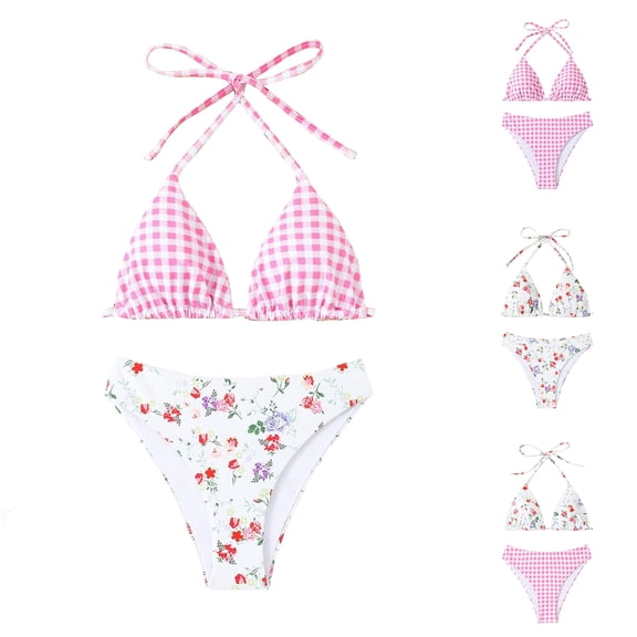 JoveMarine Women's Plaid Floral Bikini Set Two Piece Swimsuit Sexy Print Beach Bathing Suit Summer Vacation Bathing Suit For Womens Swimsuits Light pink L