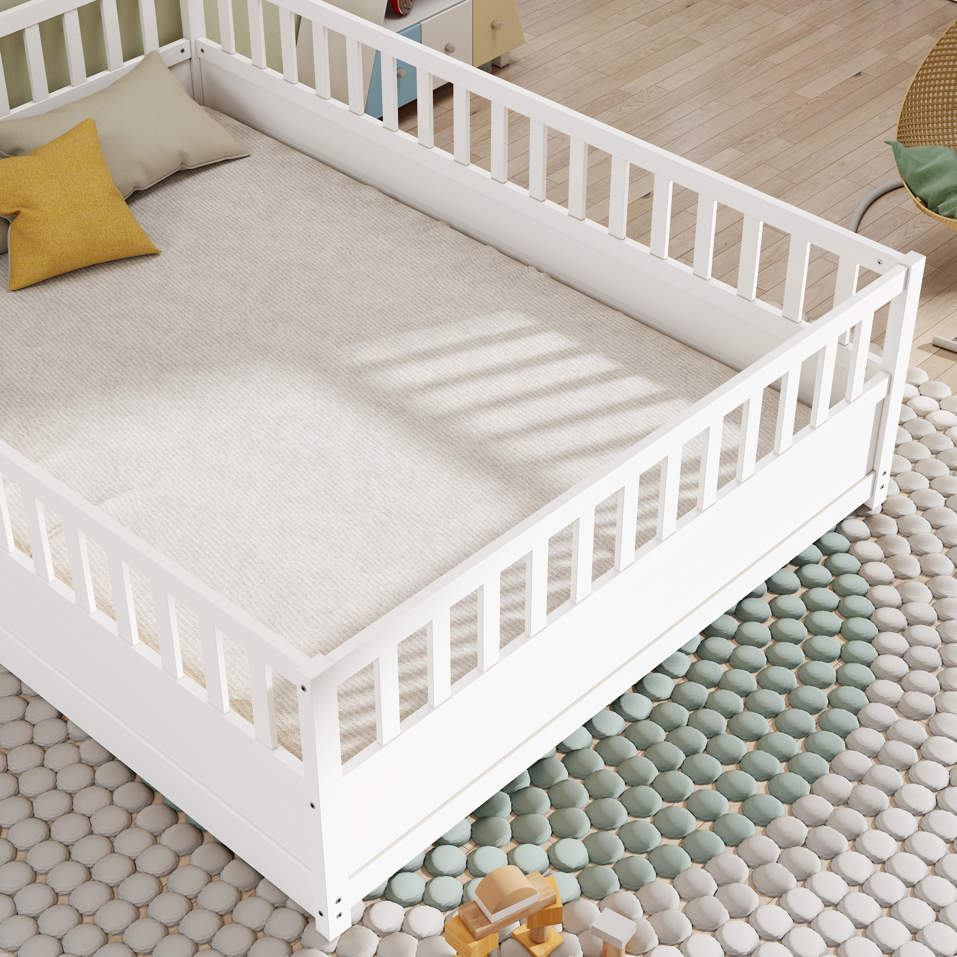 Floor Bed, Low-Profile Bed Frame, Full Size Bed with High Safety Barrier, Door and Support Slats for Stability, Solid Pine Wood Construction, White