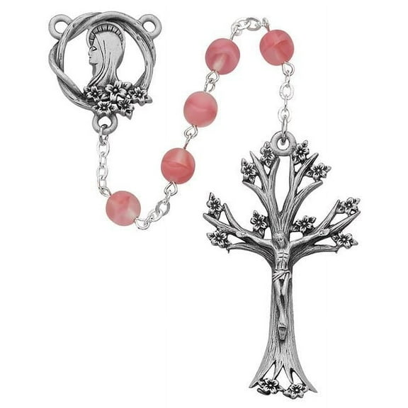 McVan 995DF 7 mm Glass Dogwood Cross Rosary Set - Pink