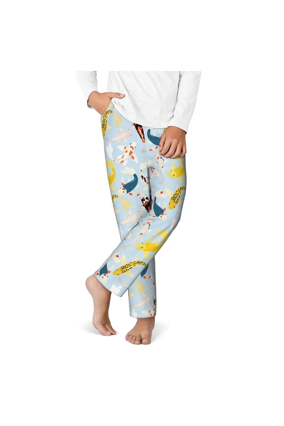 Japanese Carps Print Youth Home Trousers, Elastic Waistband with Pockets for Home and Outing, Suitable for Children Aged 5-16-Medium