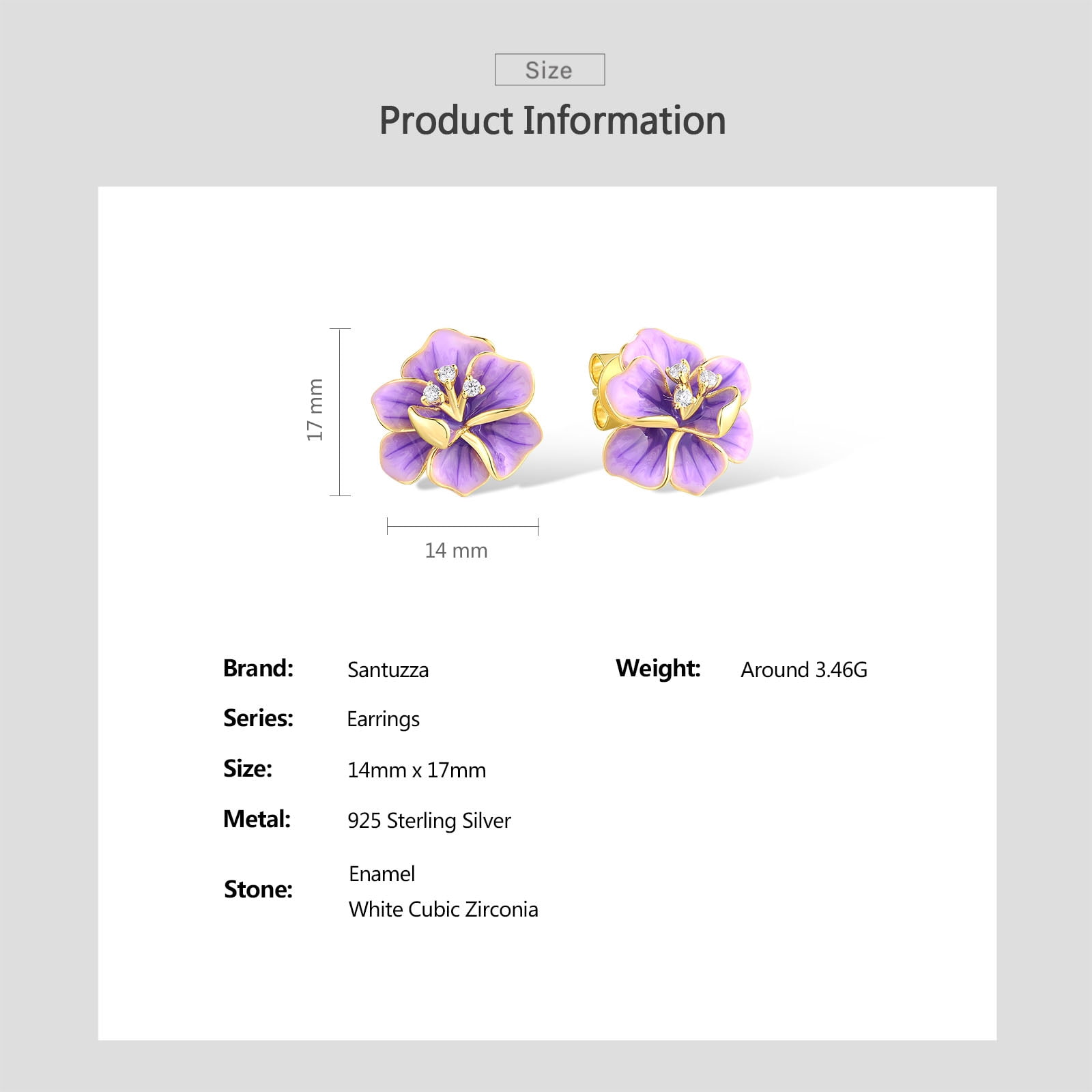 Santuzza Peony Earrings 925 Sterling Silver White Cubic Zirconia Enamel Purple Flower Stud Earrings for Women