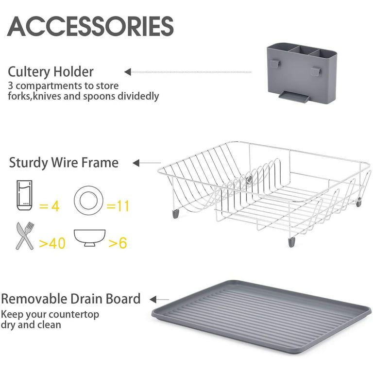 KINGRACK Dish Rack, Large Capacity Dish Drainer, Dish Drying Rack with Cutlery Holder, Removable Drip Tray, Cup Holder, Compact Kitchen Drainers for
