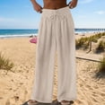 thumbnail image 2 of Women's Linen Pants High Waisted Pant Summer Casual Wide Leg Drawstring Trousers Beach Vacation Clothes by Yigetop Khaki L, 2 of 7