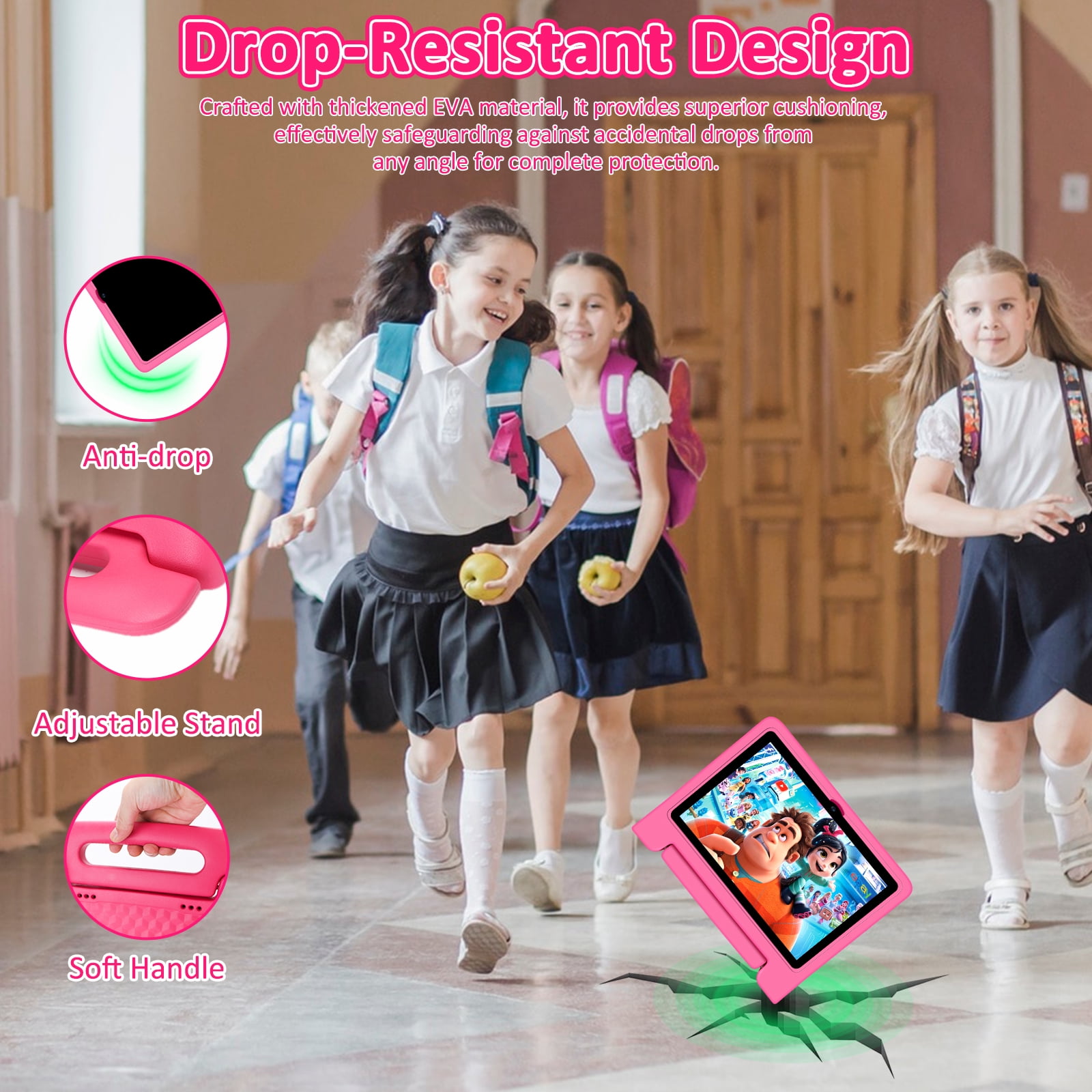 Kids Tablet, 10.1 inch Tablet for Kids IPS HD Screen RAM 8GB 64GB Storage, J10 Pro Toddler Tablet with Protective case - Pink