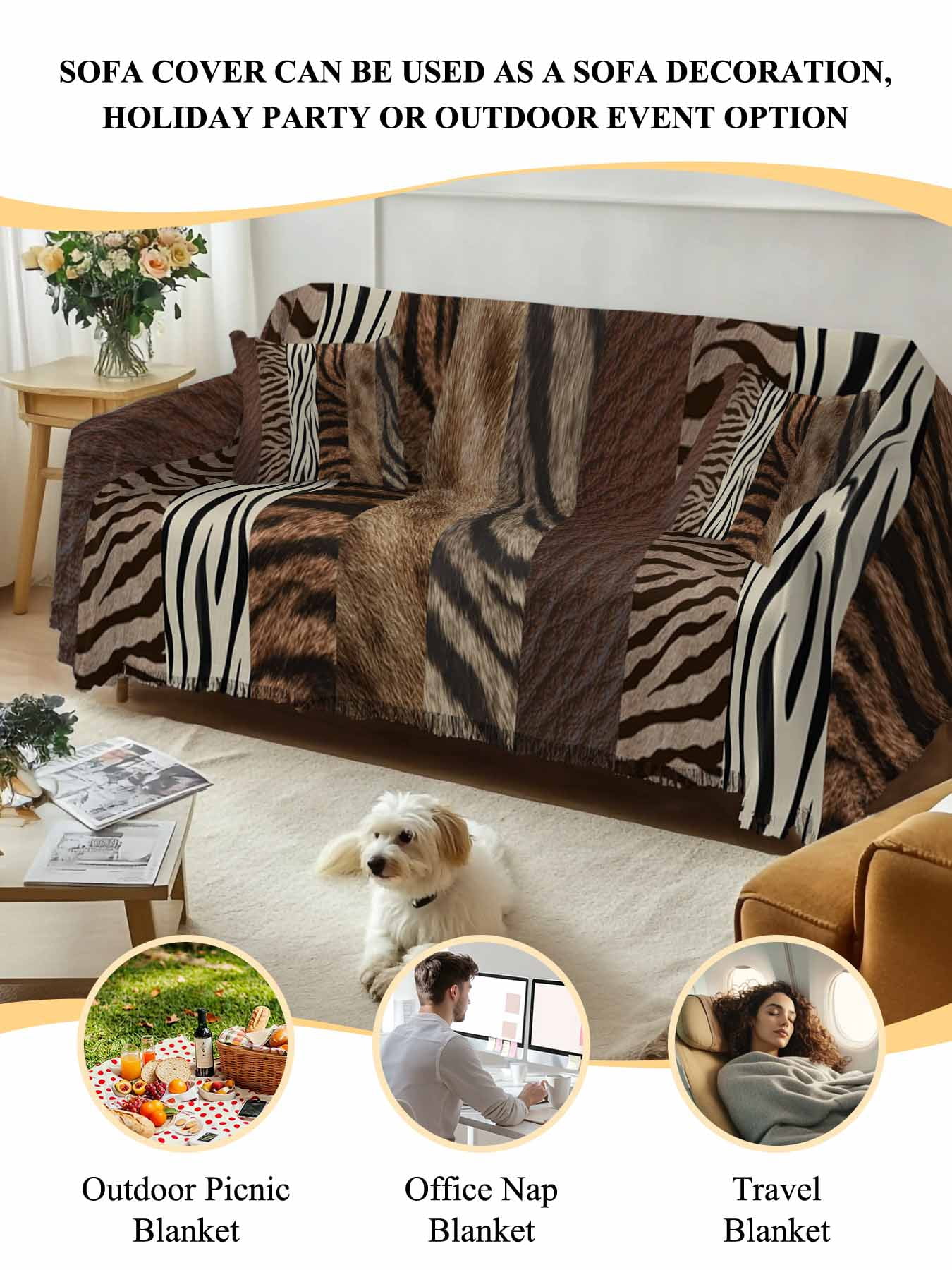 Animals Printed Striped Couch Cover, Rustic Country Zebra Textured Oversized Sofa Cover Blanket for 3 Cushion Couch, Sectional Sofa Slipcover Furniture Protector for Living Room Bedroom 71''x150''