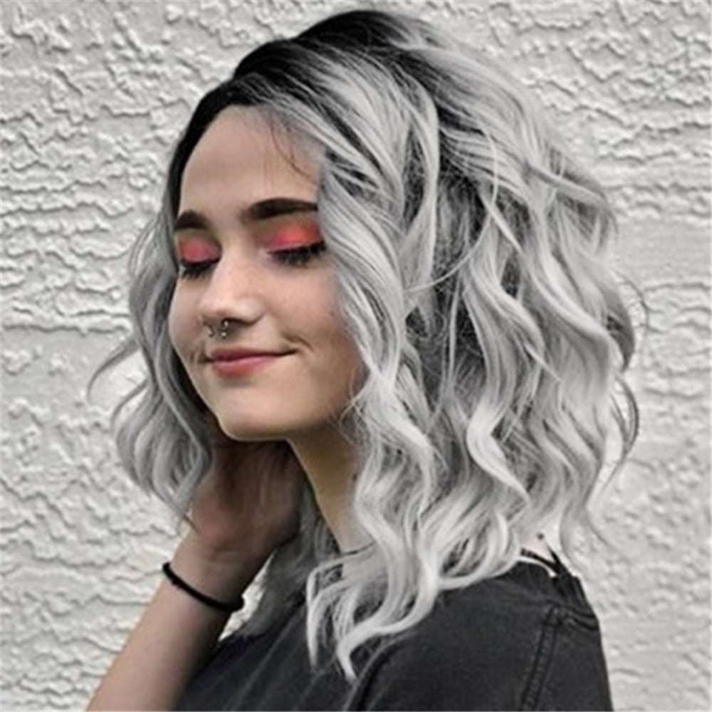UTOURS Short Wavy Bobo Human Hair Rose net Wig Glueless Front Wigs Gray Women