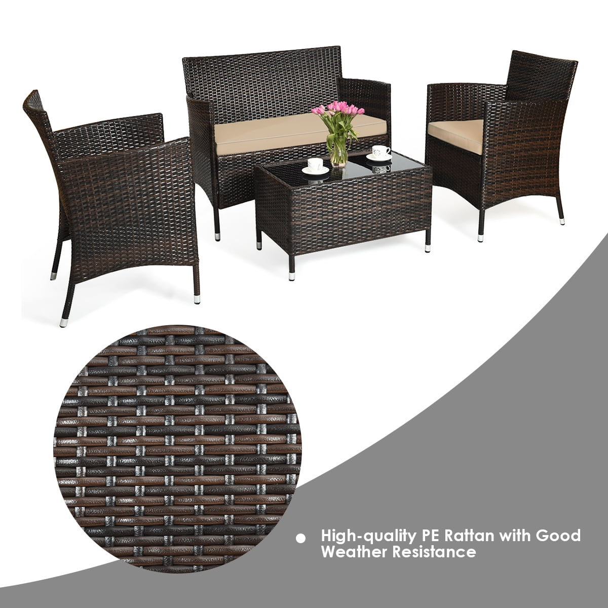 Gymax 4PCS Patio Rattan Outdoor Furniture Set w/ Cushioned Chair Loveseat Table