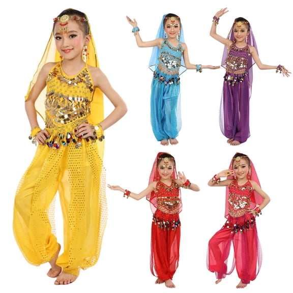 Rvusndi Belly Dance Outfit for Girls Kids Dancing Performence Suits Sequin Mesh Sets Trendy Outfit for Children Stage Show Party Wear 7-8 Years