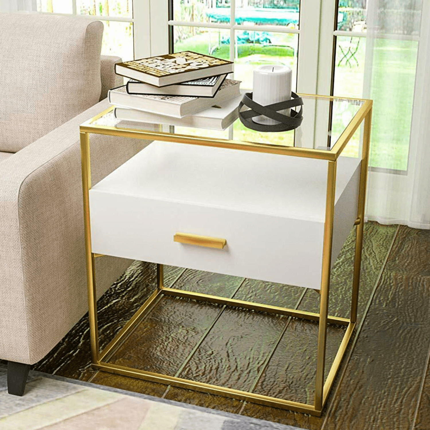 Small Side Table White Marble Gold End Table for Small Spaces C