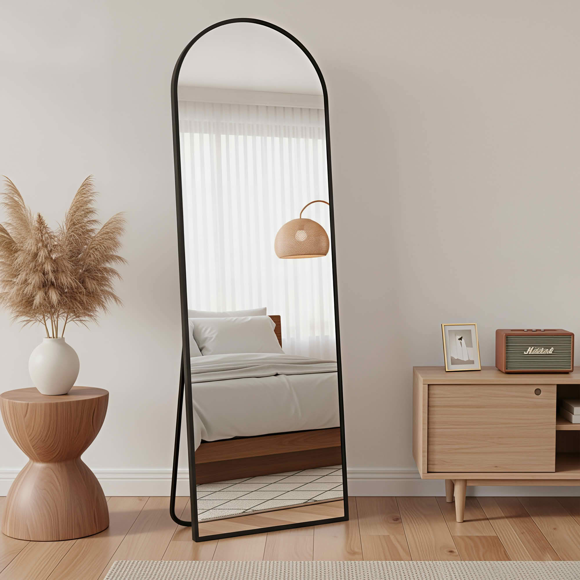MAYEERTY 58"x18" Aluminum Arch Shape Full-Length Mirror, Tempered Glass With Stand, Black