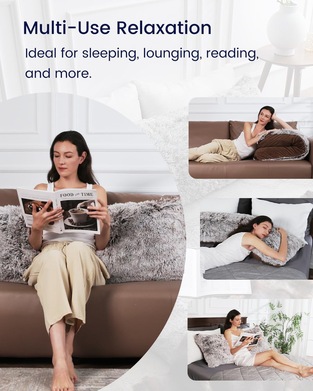 ANHXN Fluffy Body Pillow, Shaggy  Long Pillows , Cozy Hug Pillow for Sleeping, Room Decor & Gift, Adjustable Filling with Washable Cover