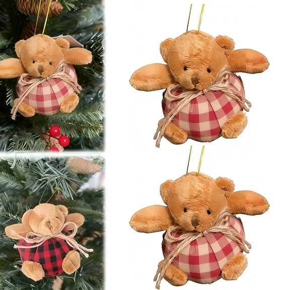 Dserfhy 2Pcs Mini Plaid Bear Ornaments Christmas Tree Hanging Decor Cute Bear Keychain Festive Xmas Stocking Stuffer Gifts