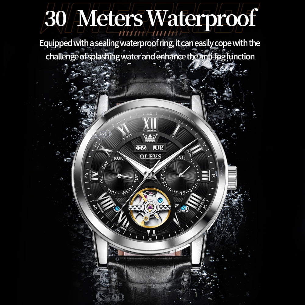 OLEVS Automatic Watches for Men Self Winding Mechanical Skeleton Flywheel Multifunction Luxury Dress Roma Rumerals Calendar Waterproof Luminous Men Wrist Watches Leather