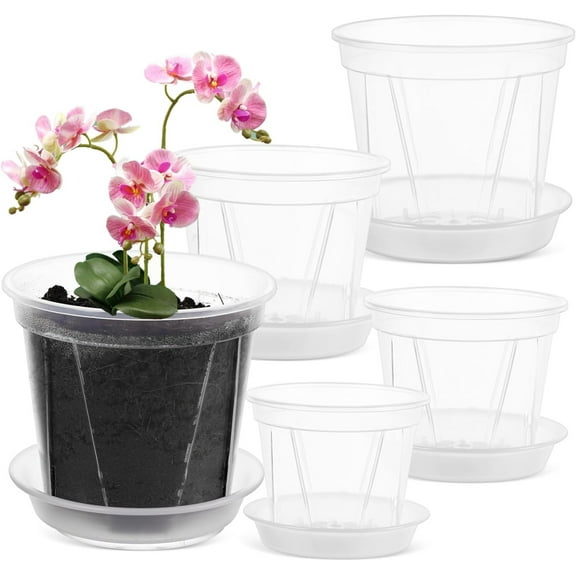 5 Pcs Clear Orchid Pots with Holes, MODANU Plastic Flower Pots for Plants Nursery Pot Set with Trays for Indoor Outdoor, 5 Sizes