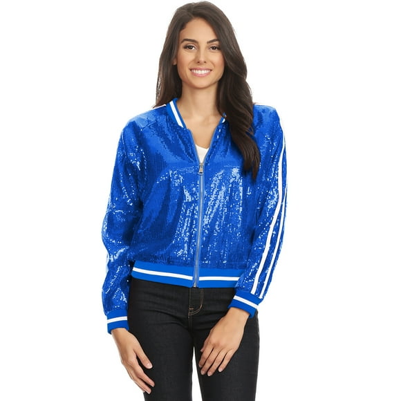 Veste Bomber à Rayures et Sequins à Manches Longues pour Femmes avec Fermeture Éclair à l'Avant