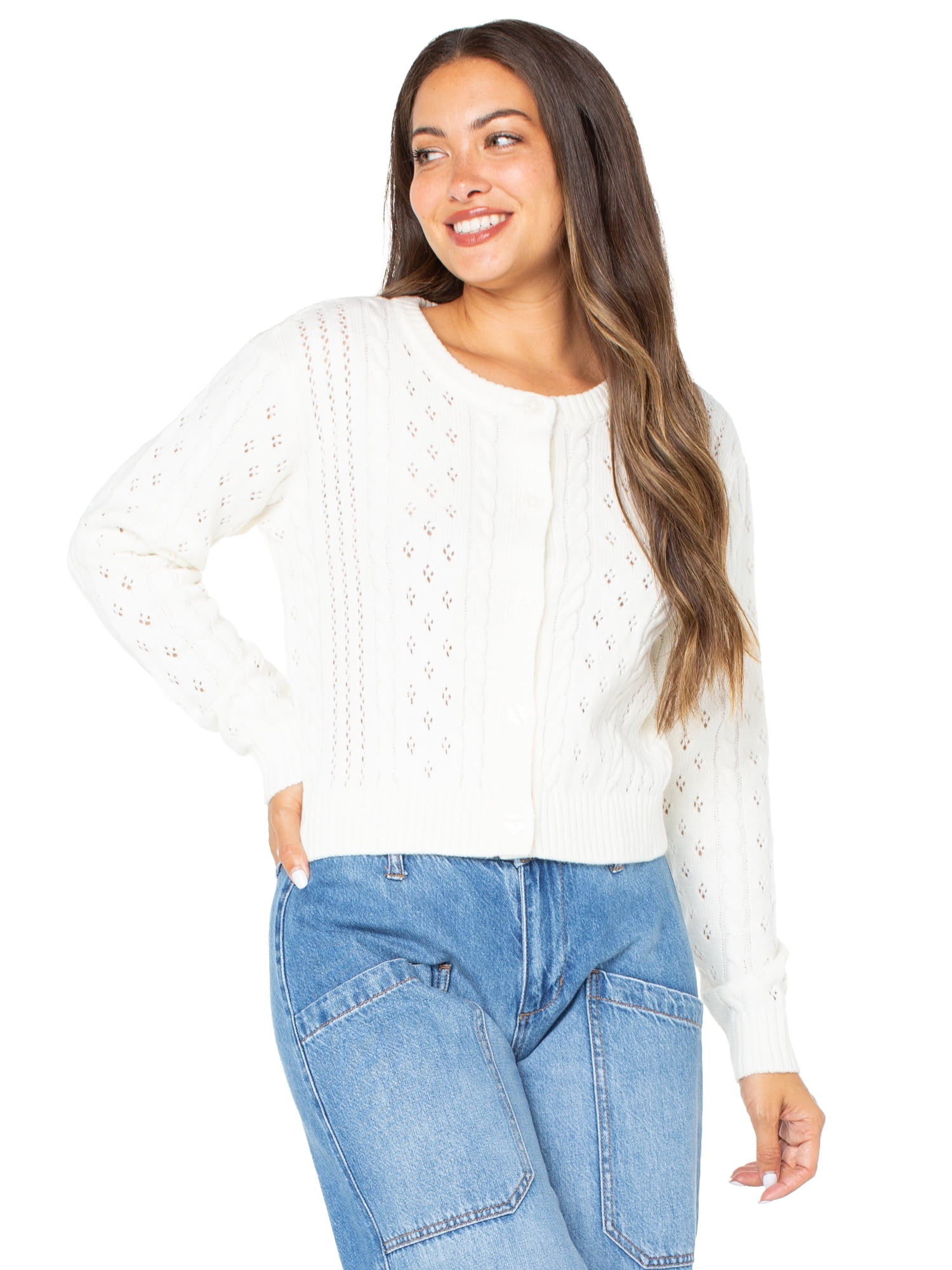 Celebrity Pink Women's Pointelle Crewneck Cardigan Sweater, Sizes