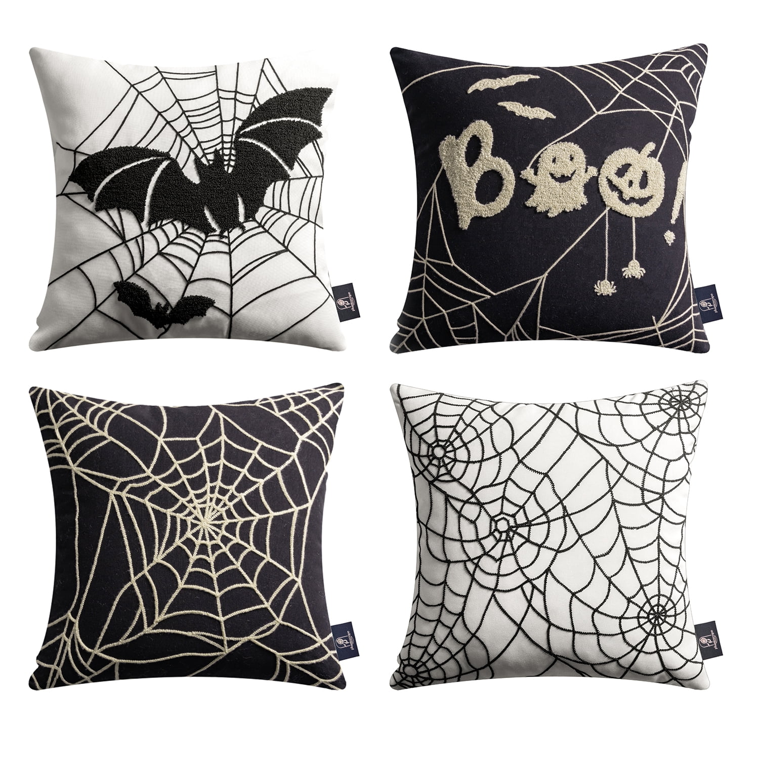 Halloween Holiday Collection Embroidery Decorative Throw Pillow Cover, 18" x 18", Black and Beige Spider Web, 4 Set